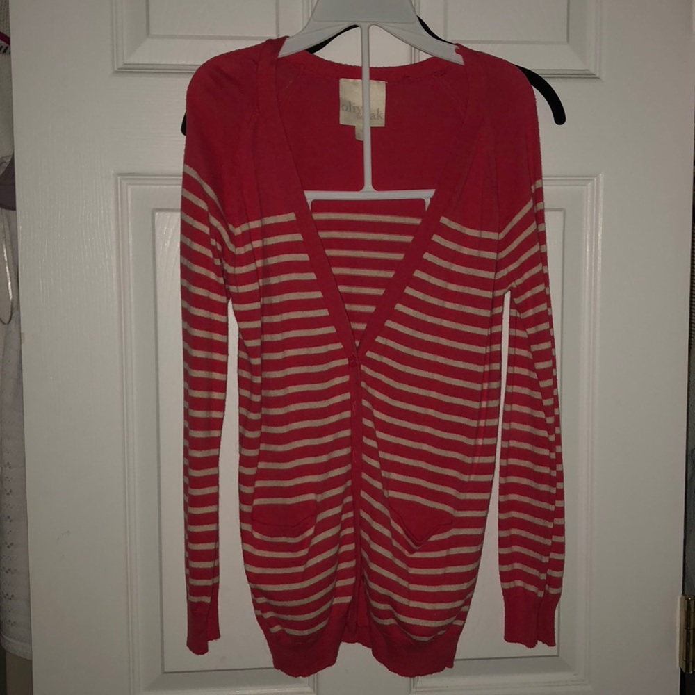 Pink and white button up cardigan sweater